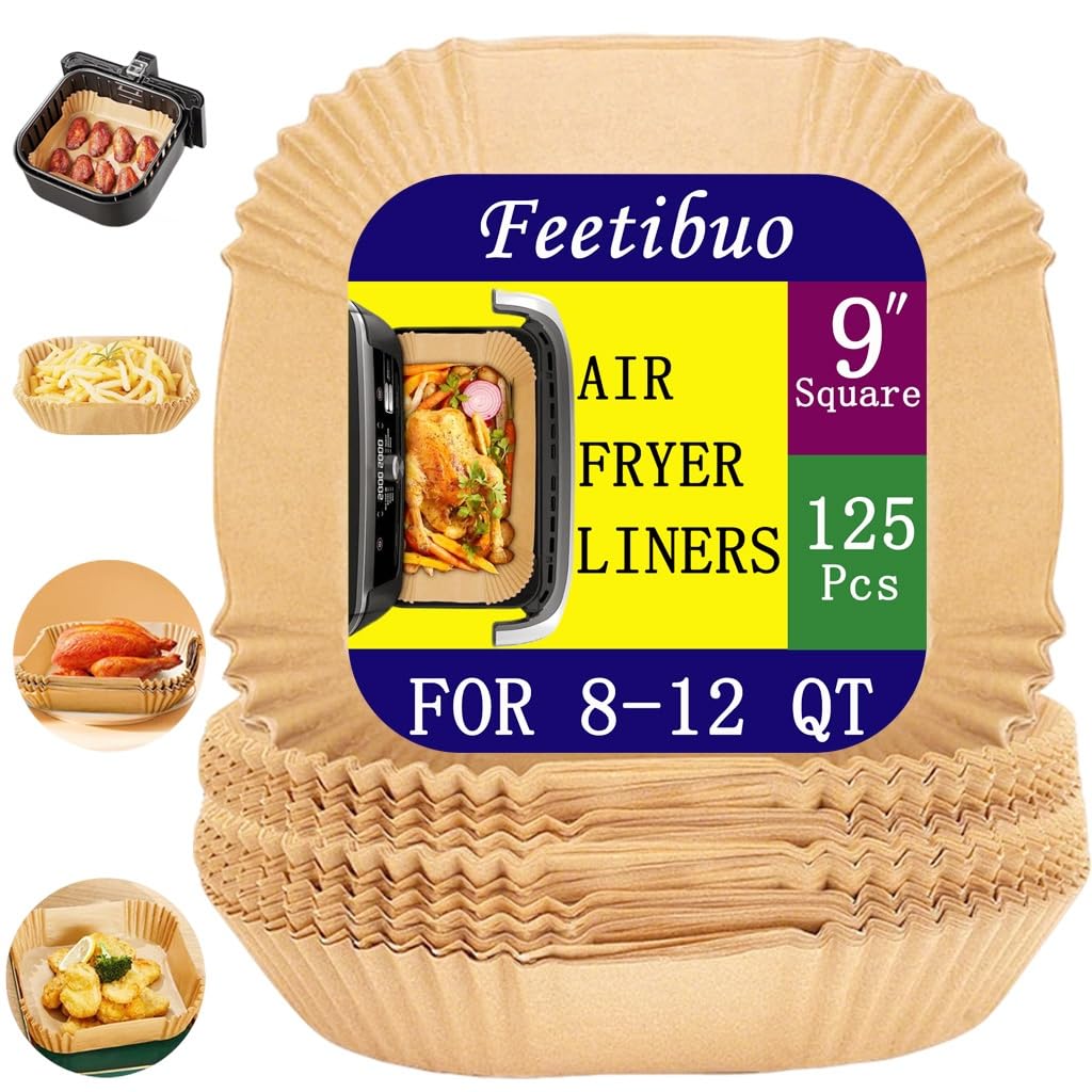 Feetibuo parchment paper for air fryer, 8.9inch square air fryer liners disposable,125PCS Non-stick parchment paper sheets for 8-12QT airfryer liners, Baking, Roasting Microwave