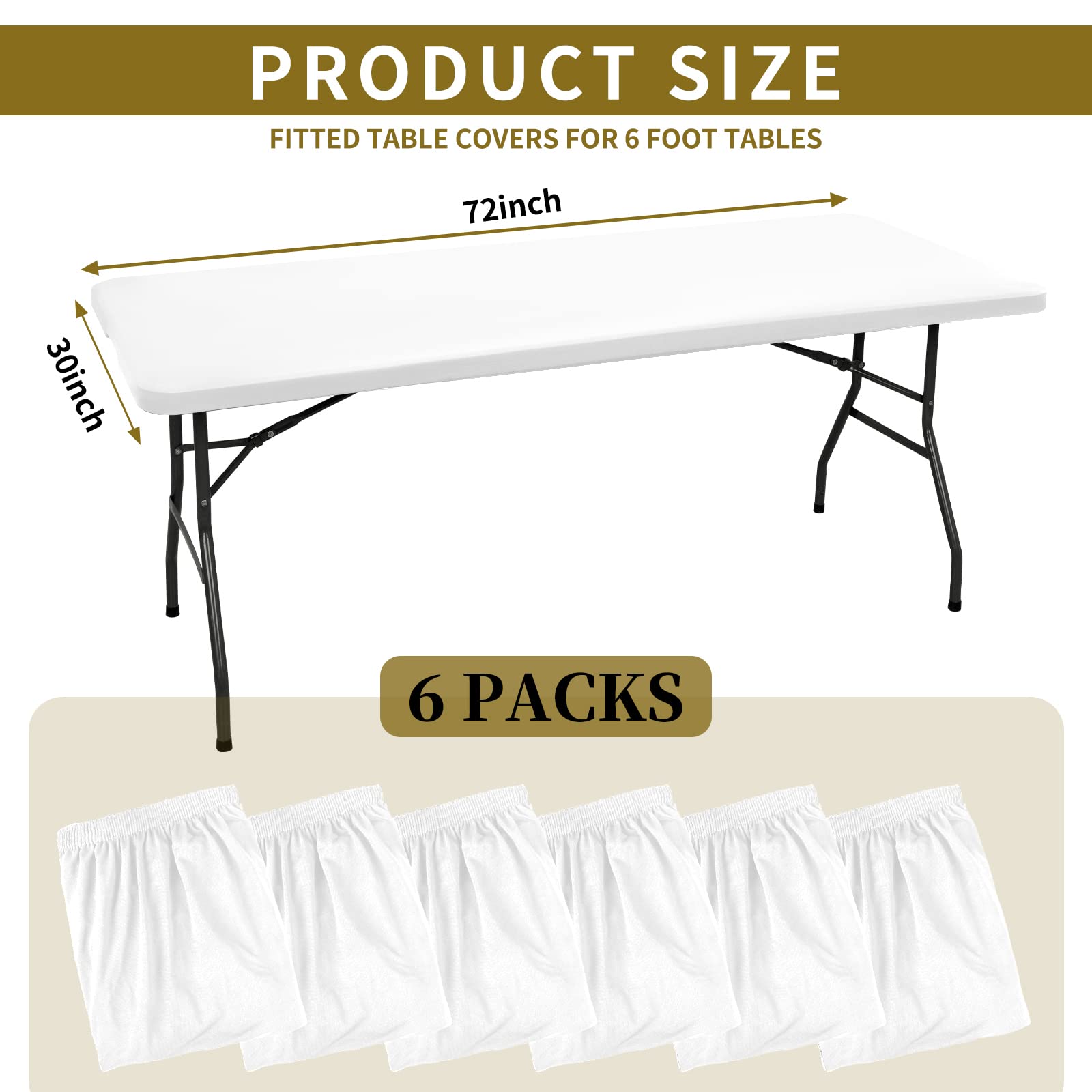 6 Pack Stretch Fabric Table Top Cap Cover, fits 6' Tables, Spandex Table Covers Washable Elastic Universal Rectangle Tablecloth Protector for Indoor Outdoor Party Picnic Wedding, White, 30" W x 72" L