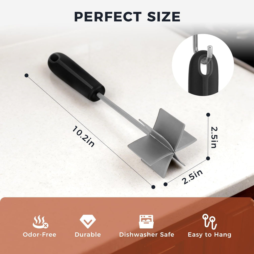 304 Stainless Steel Meat Chopper & Masher, Coinicxcel 10 Inch Heat Resistant Ground Beef Chopper Tool with 6 Curve Blades & Ergonomic Non-Slip Handle, Heavy-Duty Hamburger Smasher Tool Dishwasher Safe