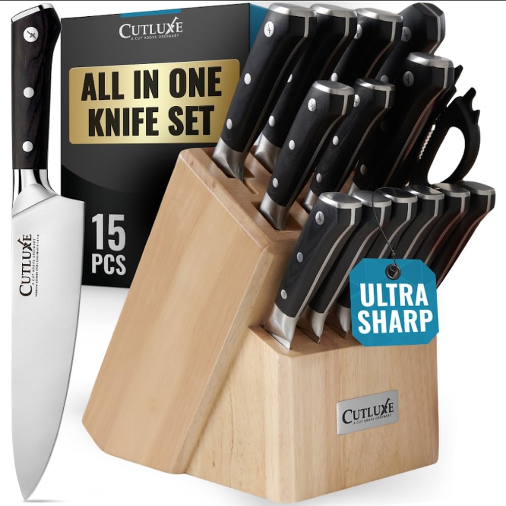 Cutluxe 15-Piece Knife Set for Kitchen – Rubberwood Block, German Steel