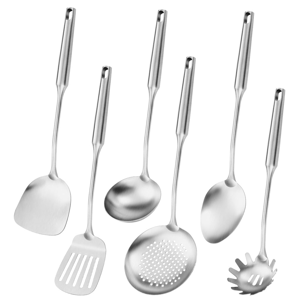 304 Stainlss Steel Matte Kitchen Utensils Set, 11 Pcs Long Metal Cooking Utensil Gadgets Tools Set with Spatula, Ladle, Spoon, Ladle, Skimmer, Tunner, Pasta Server, Tongs(Black, Dishwasher Safe)