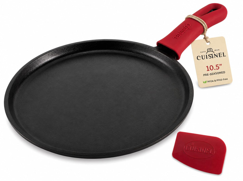 Cast Iron Round Griddle - 10.5”-Inch Crepe Maker Pan + Silicone Handle Cover - Pre-Seasoned Comal for Tortillas Flat Skillet - Dosa Tawa Roti Grill - Oven, Stovetop, BBQ, Fire, Smoker, Induction Safe