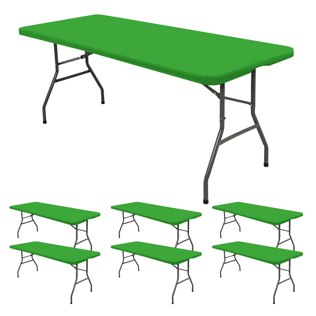 6 Pack Fitted Tablecloth for 8 Foot Rectangle Tables, Green Elastic Outdoor Picnic Table Cover, Washable Stretch Folding Table Cloths 8 ft for Camping Party Patio Kitchen Banquet, 30" W x 96" L