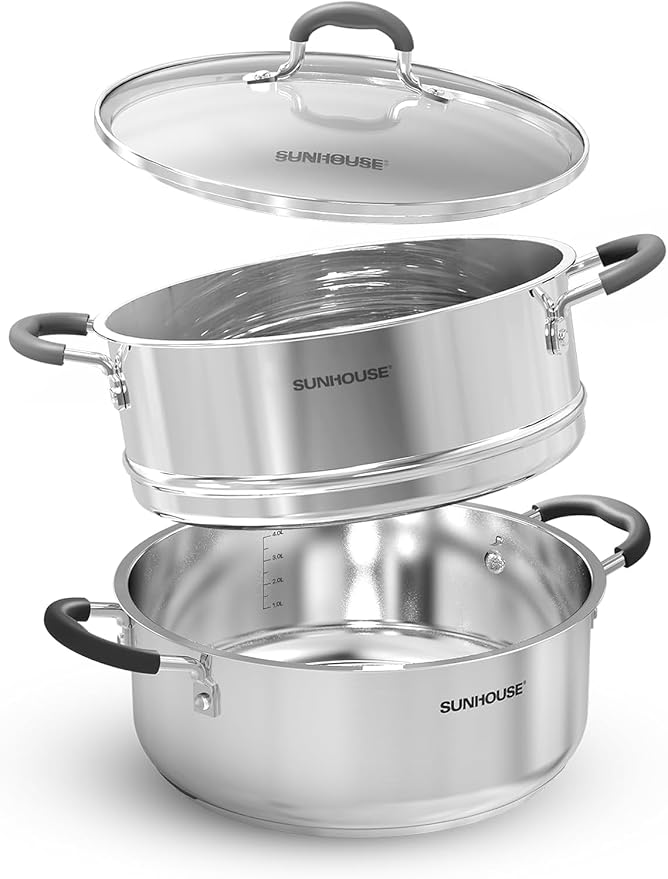 Sunhouse: 2-Tier Stainless Steel Steamer Pots - 5.5 Quart - Tempered Glass Lid, 3-Ply Bottom, Vegetable-Dumpling-Food Cookware, Dishwasher & Oven Safe
