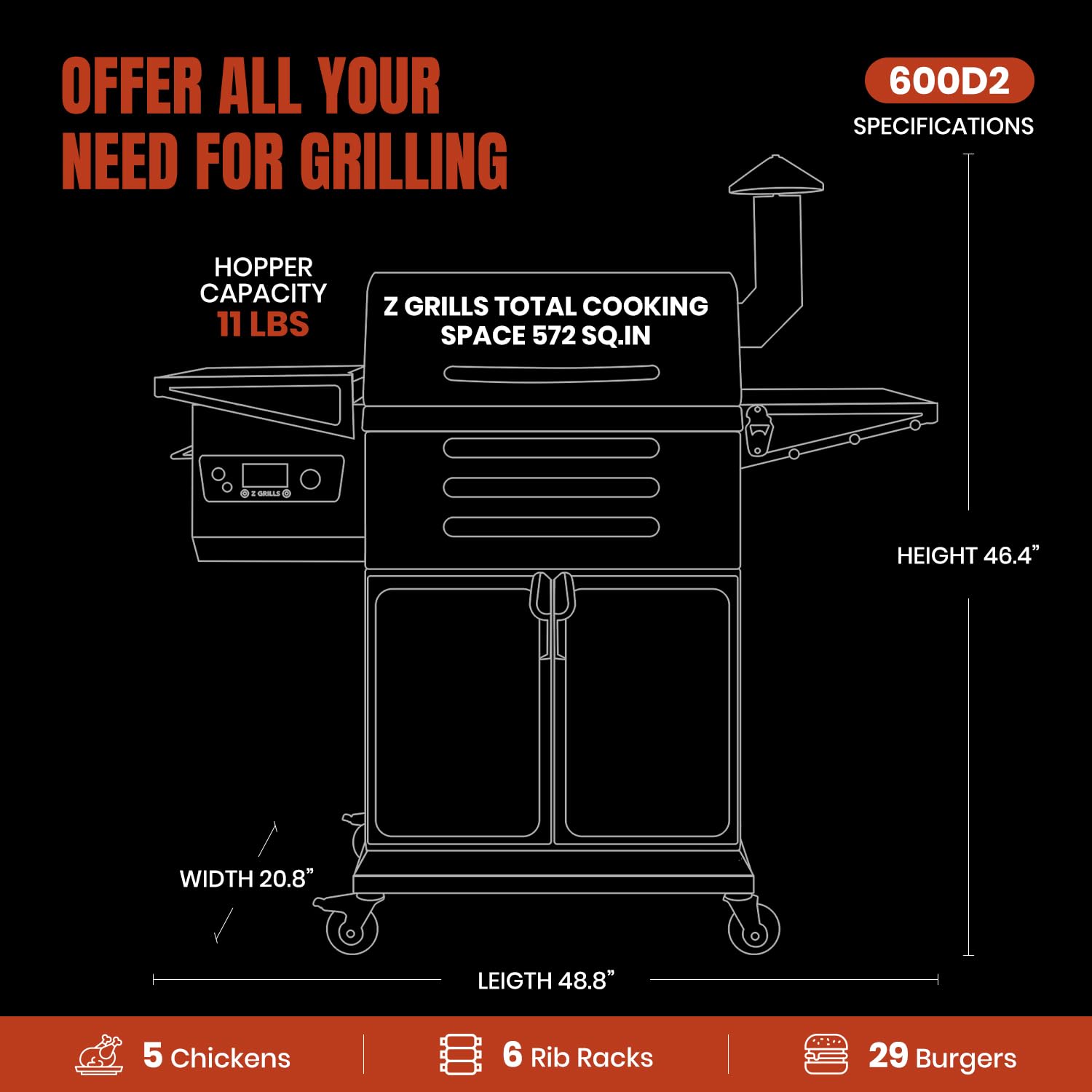 Z GRILLS 600D2 Wood Pellet BBQ Grill, 572 Sq In, PID 3.0