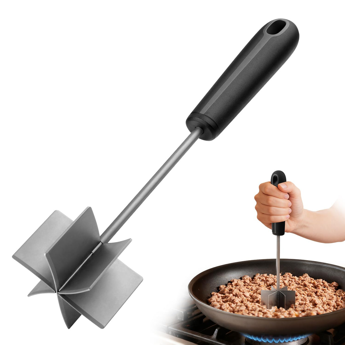 304 Stainless Steel Meat Chopper & Masher, Coinicxcel 10 Inch Heat Resistant Ground Beef Chopper Tool with 6 Curve Blades & Ergonomic Non-Slip Handle, Heavy-Duty Hamburger Smasher Tool Dishwasher Safe