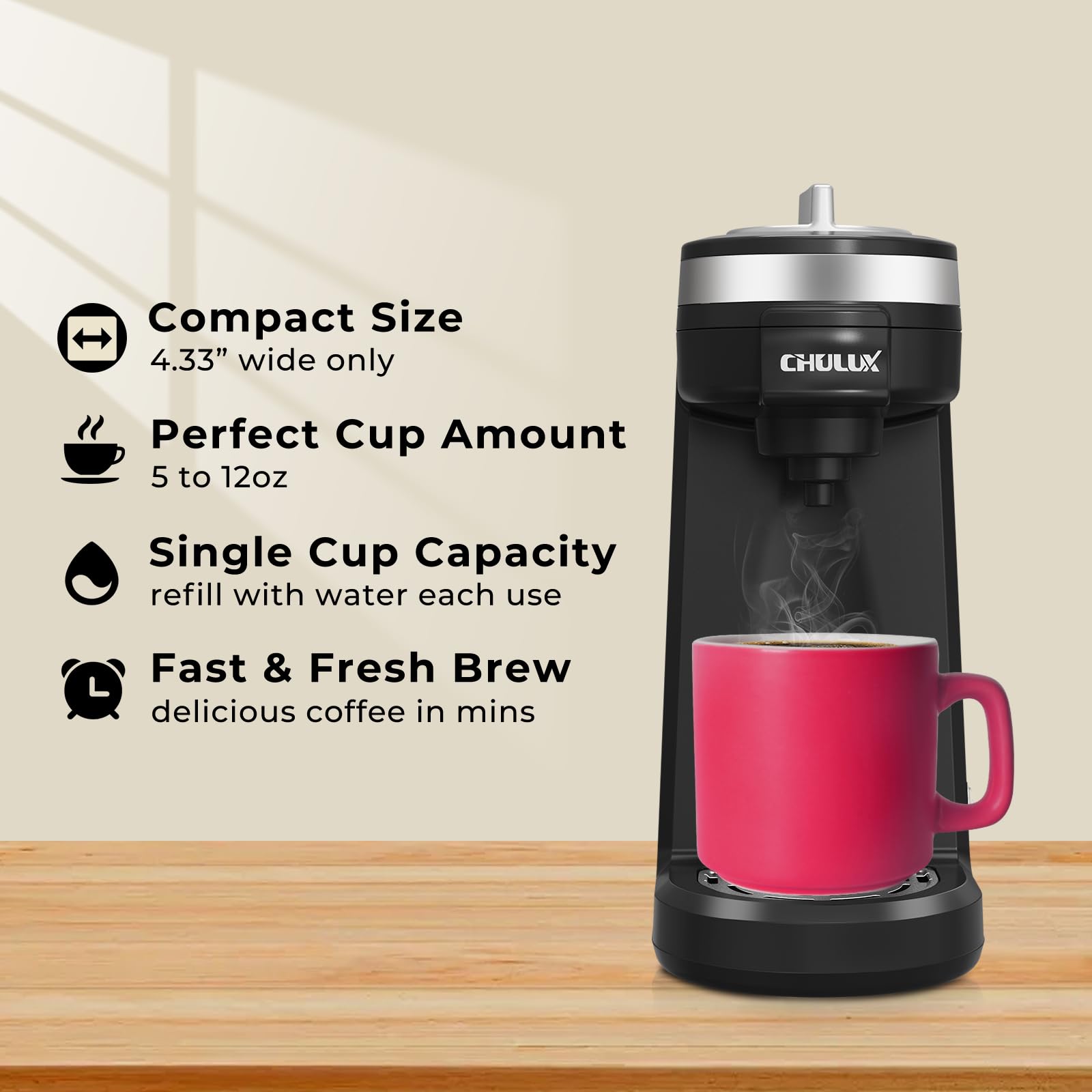 CHULUX Mini Single Serve Coffee Maker for K Pod, Brew Up to 12oz Cup, Black