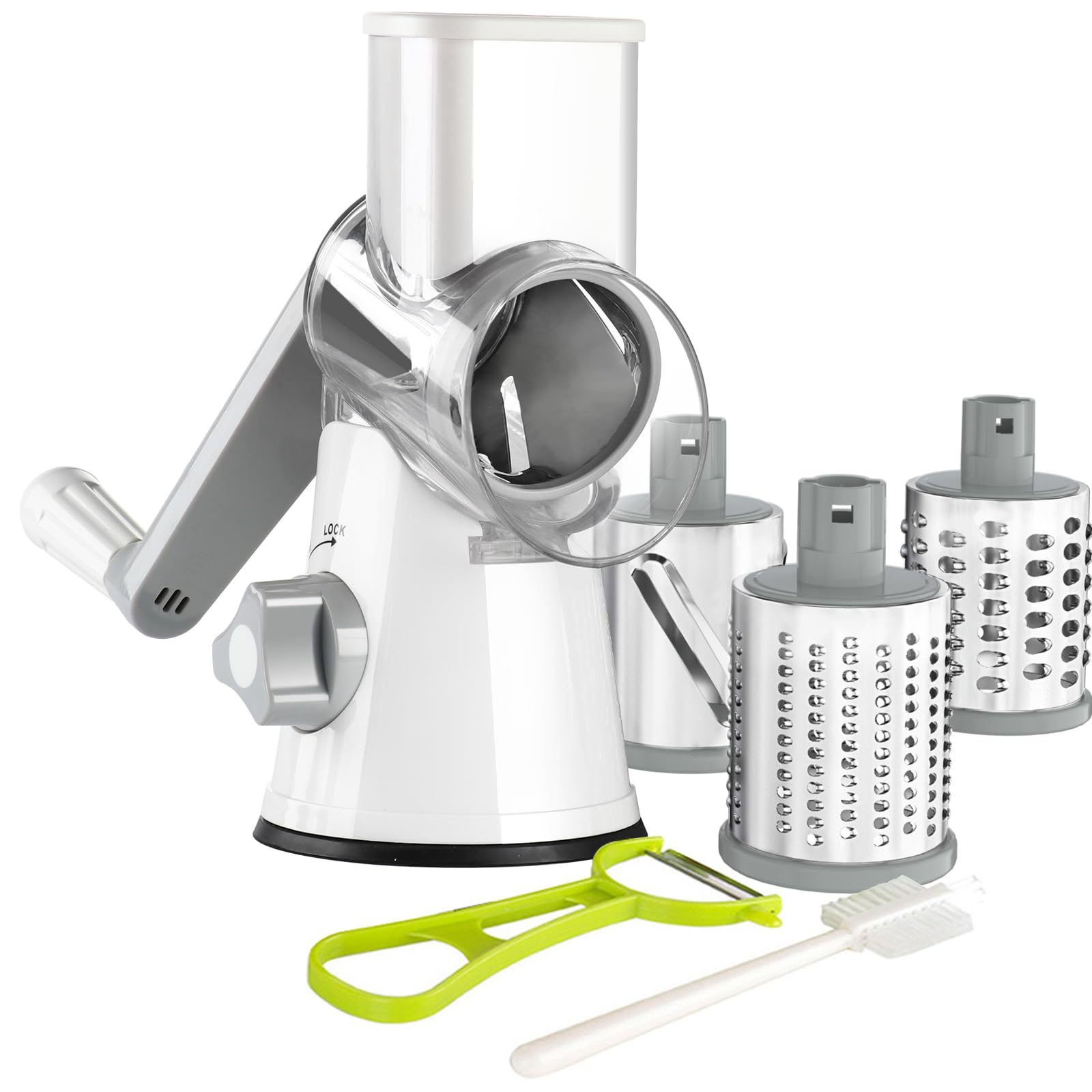 Ourokhome Rotary Cheese Grater Hand Crank, Kitchen Shredder Speed Mandolin Slicer Nuts Grinder with Handle and Drum Blades for Cheese, Vegetable, Walnuts, Chocolate, Potato, Carrot, 3 Blades, White