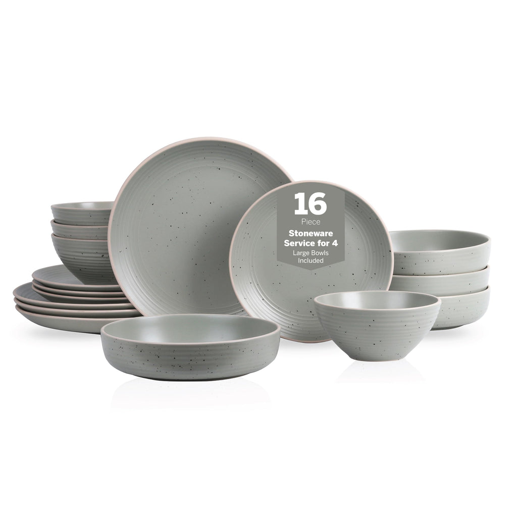 Stone Lain Lauren Stoneware, Rustic Plates and Bowls Set, Dinnerware, Service for 8, Speckled Green, Dishwasher & Microwave Safe, 32-Piece
