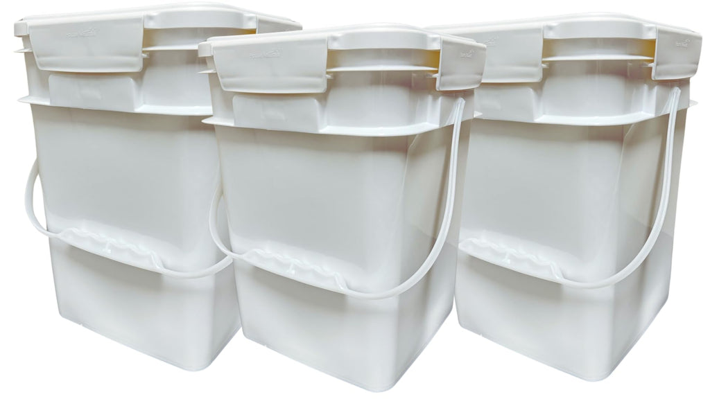 House Naturals 4 Gallon Square Food Grade Bucket Pail with Plastic Handles and Lid (Pack of 3) Made in USA containers (White)