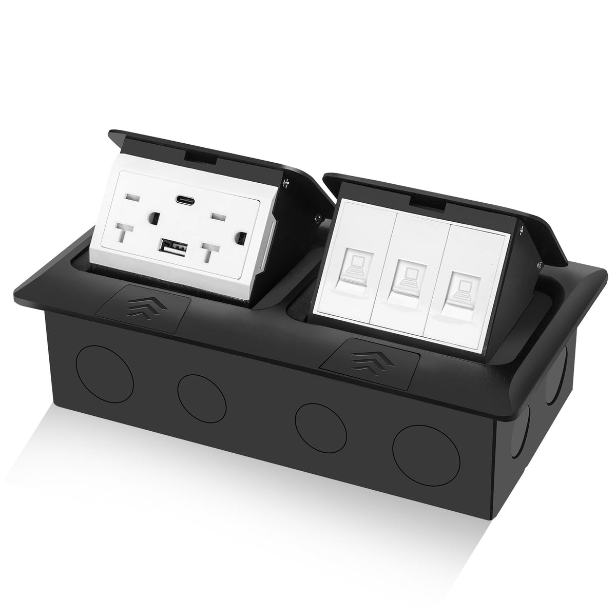 KYHSHJ Dual Pop-Up Floor Electrical Outlet Box Kit，20 Amp Stainless Steel GFCI TR Receptacle Outlet，3-Port RJ45 Datacom Receptacle， Black