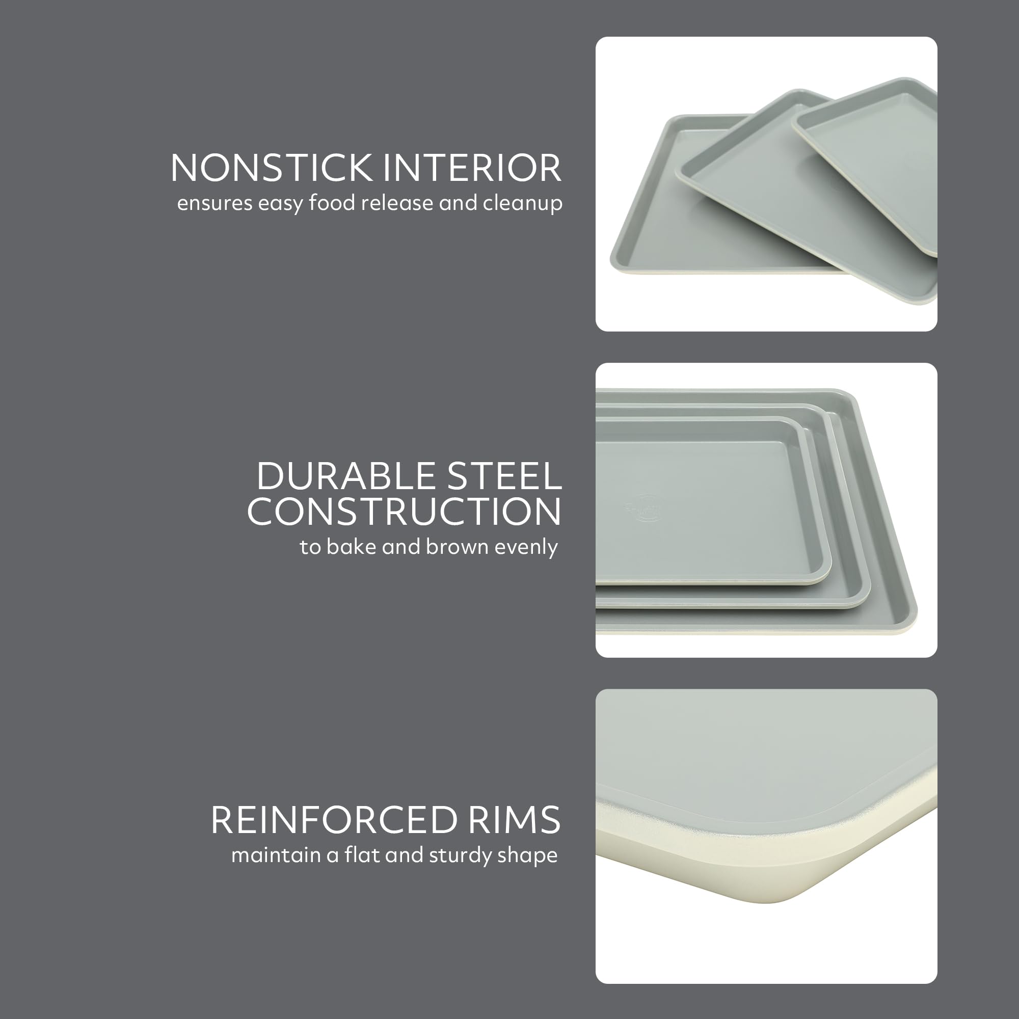 Sur La Table Kitchen Essentials Bake Sale 3-Piece Cookie Sheet Set – Nonstick Carbon Steel Baking Pans (13, 15, 18 Inch) – Grey Easy-Clean Oven Trays for Cookies, Roasting & More