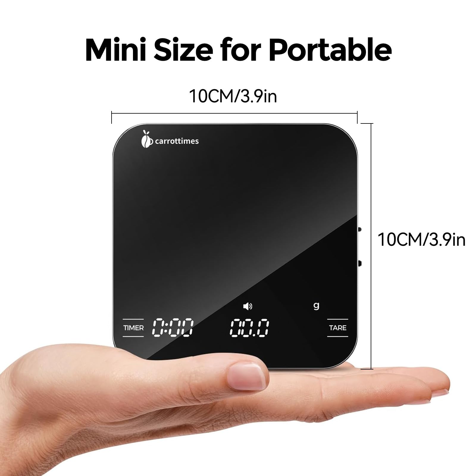 carrottimes Rechargeable Mini Coffee Scale with Timer, 2kg/0.1g Precision Espresso Scale, Portable Digital Coffee Scale w/ 4 Modes for Espresso and Pour-Over Coffee (Black)