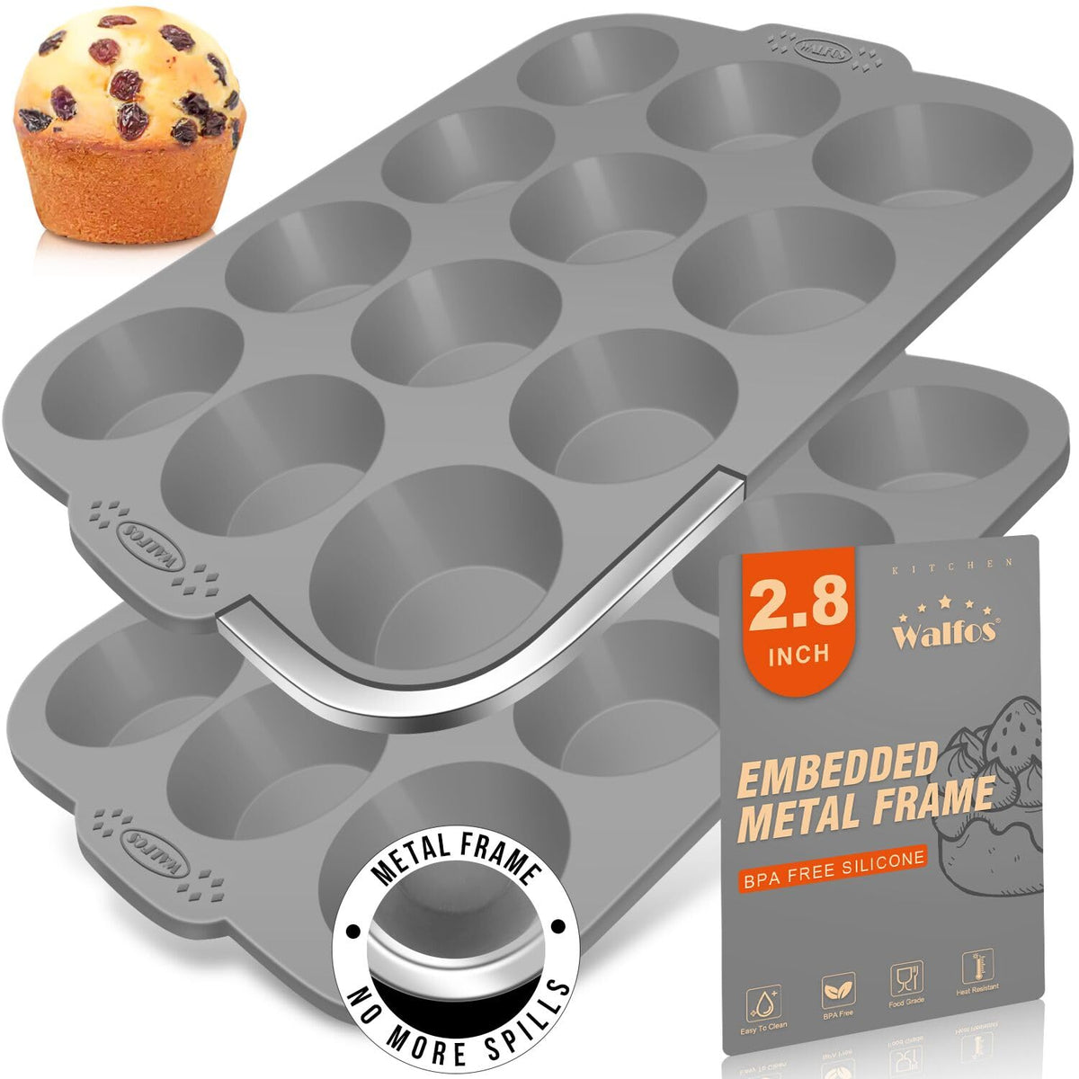 Walfos Silicone Muffin Pan - 12 Cups Regular Silicone Cupcake Pan, Non-stick Great for Making Muffin Cakes, Tart, Bread - BPA Free and Dishwasher Safe