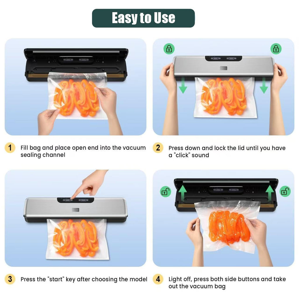 Compact Food Saver Vacuum Sealer Machine 100 Times Consecutive Works | 5mm Sealing Wire | 5 Food Modes | Portable Dry&Moist Multi-Functional Storage with 10 Vacuum Seal Bags