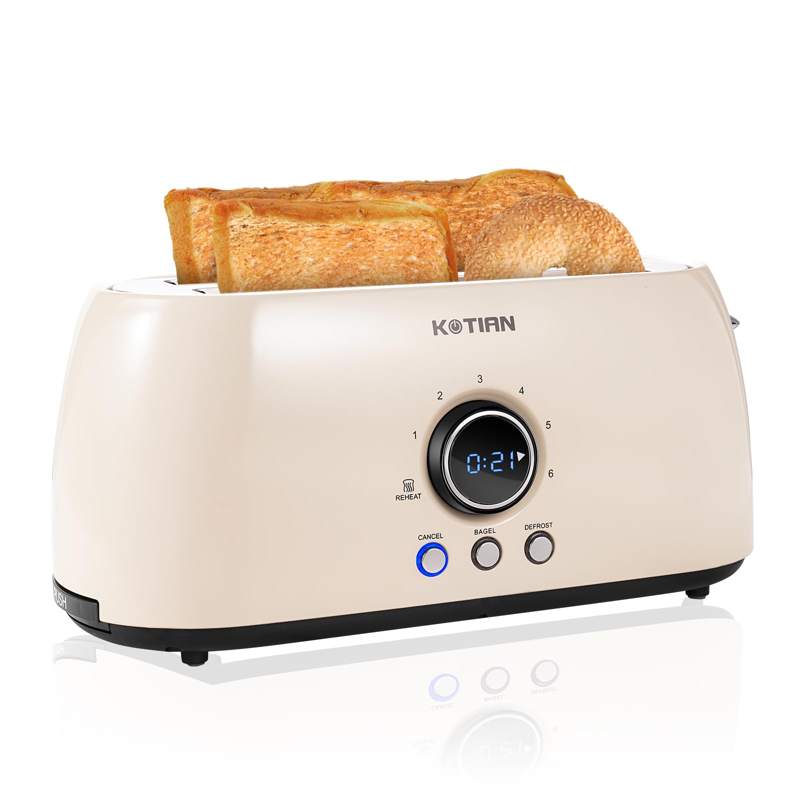 Toaster 4 Slice, KOTlAN Retro Long Slot Toasters with CountdownTimer,Stainless Steel Toaster,Bagel,Defrost,Reheat,Cancel Functions,Extra Wide Slots,6 Toast Settings,Removable Crumbs Tray,White