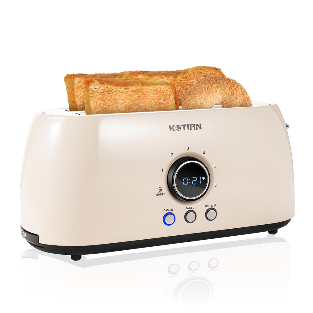 Toaster 4 Slice, KOTlAN Retro Long Slot Toasters with CountdownTimer,Stainless Steel Toaster,Bagel,Defrost,Reheat,Cancel Functions,Extra Wide Slots,6 Toast Settings,Removable Crumbs Tray,White