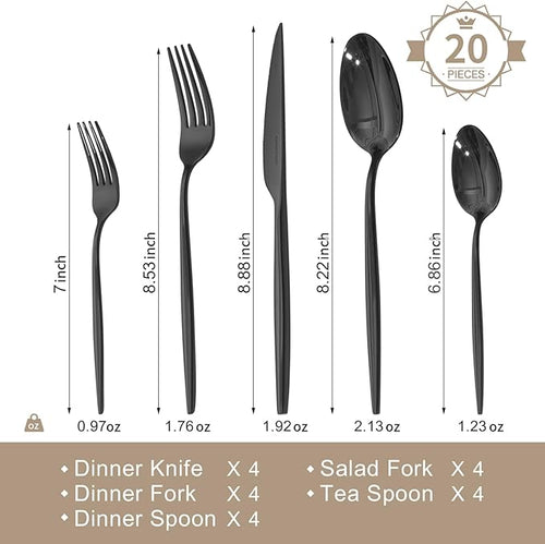 18/10 Silverware Set for 4, 20 Piece Black Stainless Steel Flatware Cutlery