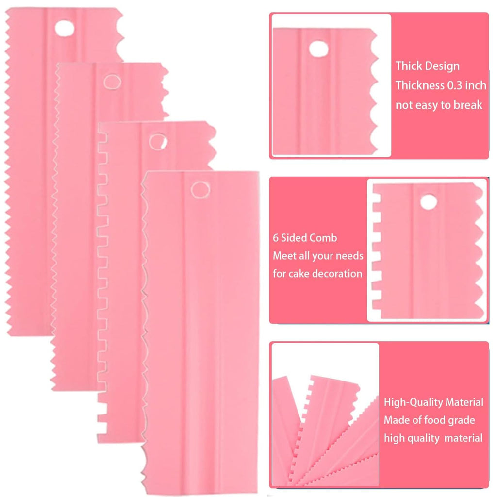 CEWIFO Cake Scrapers Set Pink Decorating Comb and Icing Smoother, Plastic Sawtooth Scraper Polisher Butter Mousse Cream Cake Edge DIY Tool -8 Design Textures (Pink)