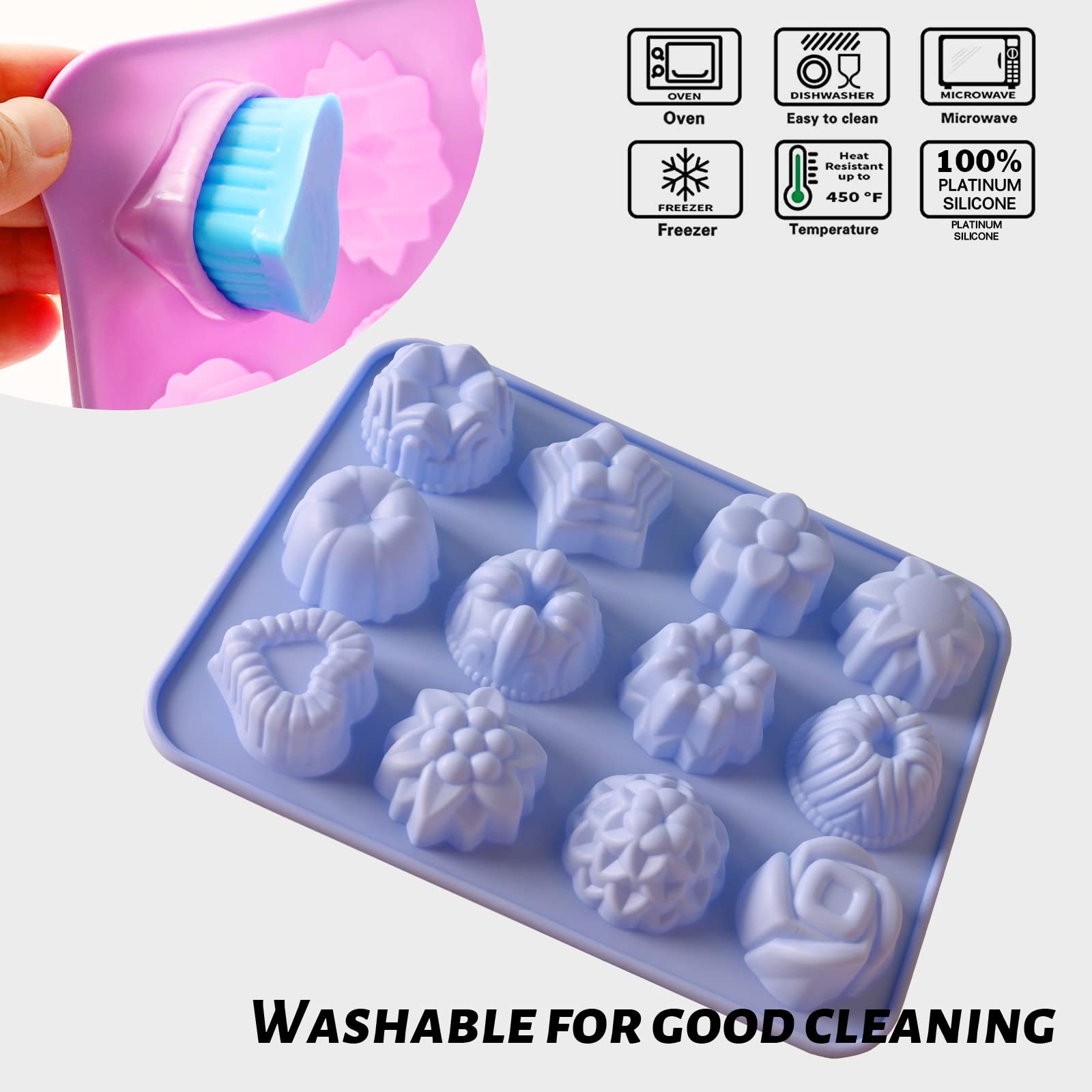 Sakolla 3 Pack Flower Molds Silicone, 12 Cavities Different Shapes Silicone Molds for Chocolate, Cupcake, Candy, Jelly, Ice Cube, Muffin (Pink, Purple, Blue)