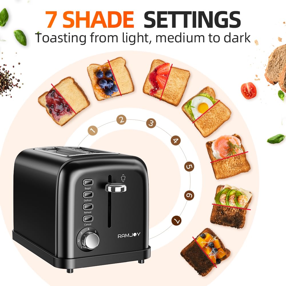 RAMJOY Black Toaster 2 Slice, Extra Wide Slot Toaster for Bagels, Bread, Waffles, 7 Shade Settings, 4 Main Functions, Removable Crumb Tray, 900 Watts Toasters, Black Stainless Steel