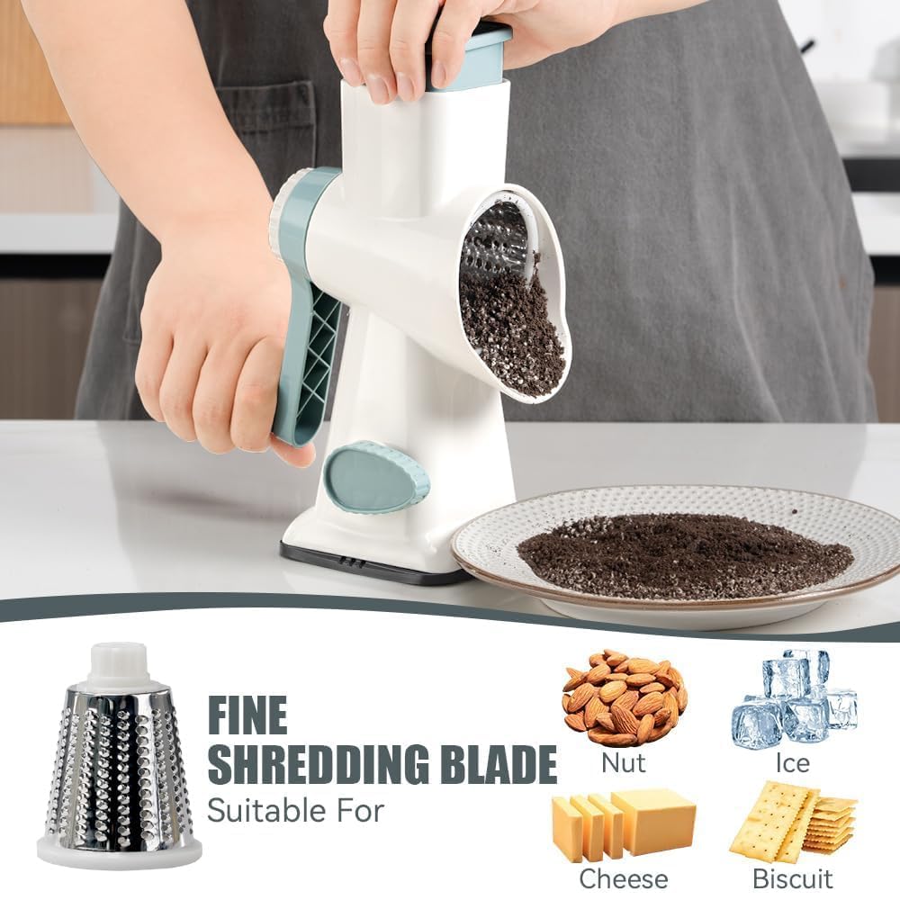 KEOUKE Rotary Cheese Grater Hand Crank White - Shredder Slicer Grinder 3 Stainless Steel Blades, Stable Suction, Labor-Saving Handle, Safe Kitchen Tool for Cheese, Vegetable, Nuts, Chocolate