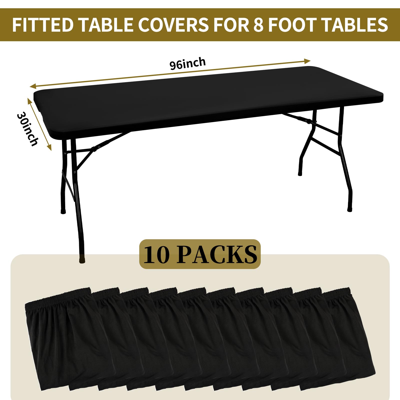 10 Pack Stretch Fabric Table Top Cap Cover, fits 8' Tables, Spandex Table Covers Washable Elastic Universal Rectangle Tablecloth Protector for Indoor Outdoor Party Picnic Wedding, Black, 30" W x 96" L