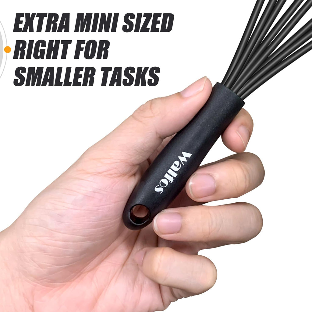 Walfos Whisk 5+7in Mini Whisk,Silicone Whisks Non Scratch Heat Resistant (480°F). Nice for stirring individual eggs and mixing small amounts of powder and sauce.Dishwasher Safe.Black