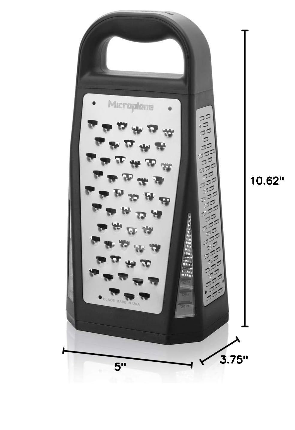Microplane Elite Five Blade Box Grater with Measuring Cup Base, Five Grating Surfaces Including Fine, Coarse, Double-Sided Ribbon, Ultra-Coarse, and Slicer - Black