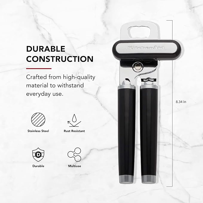 KitchenAid Classic Multifunction Can Opener and Bottle Opener Easy to Use, Razor Sharp Stainless Steel Cutting Wheel, Soft Ergonomic Handles, Black