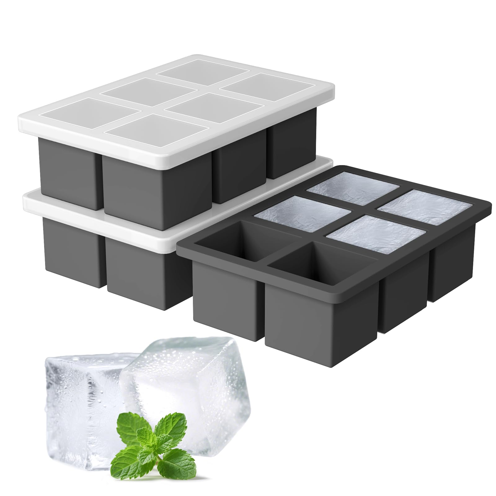 Large Silicone Ice Cube Tray 3Pack, SAWNZC Big Square Ice Cube Molds for Whisky Cocktail, Ice Maker Tray with Lid for Freezer, Easy Release (3, Black)