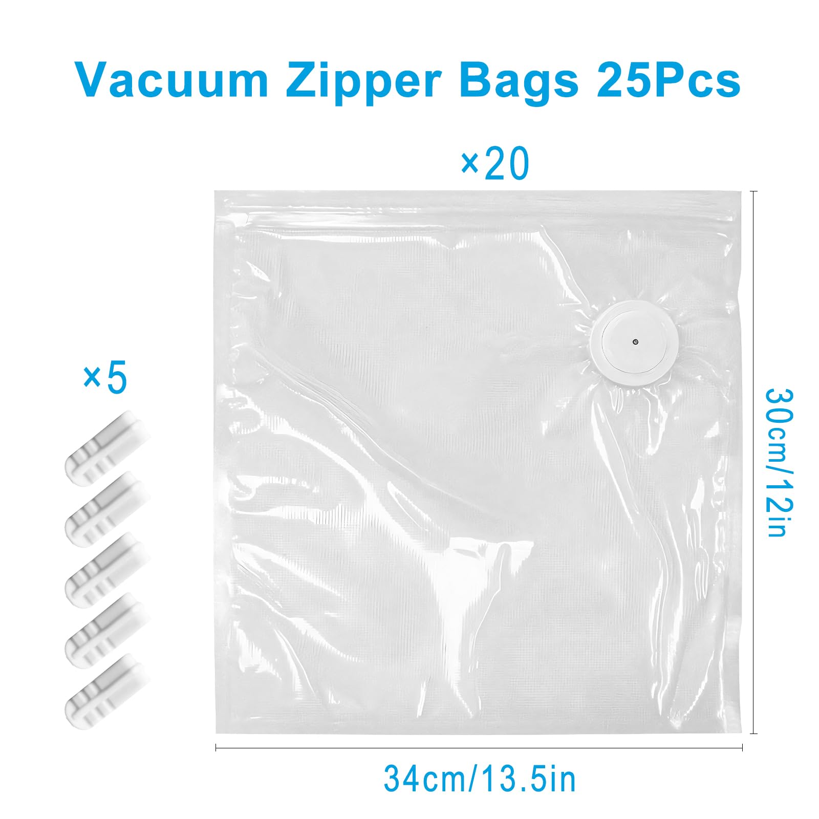 MEGAWISE Vacuum Zipper Bags 20Pcs (12 * 13.5in), BPA Free, Reusable Food Storage Bags with Air Valve for Sous Vide Cooking/Freezer/Microwave Heating, with 5 Seal Clips.