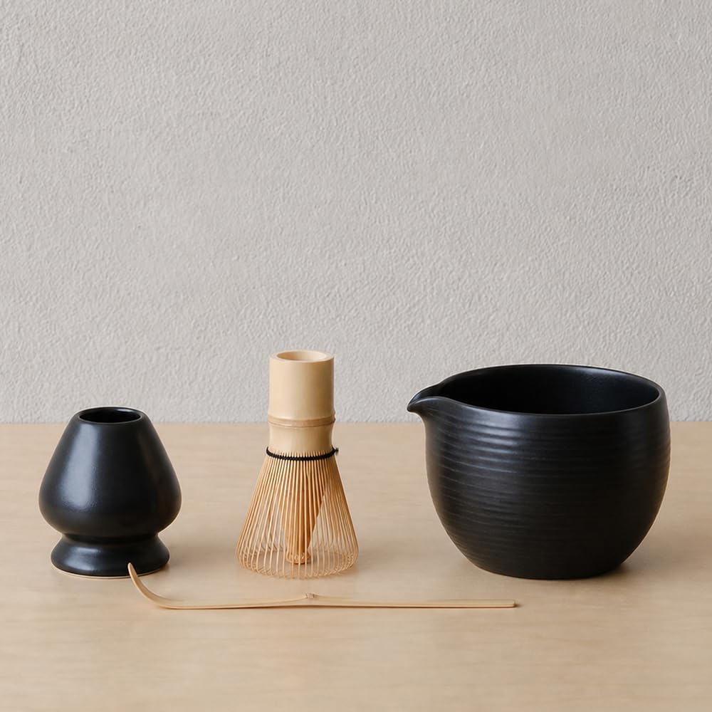 WENSHUO Matcha Whisk Set, Ceramic Matcha Bowl with Spout, Black,6-Pc