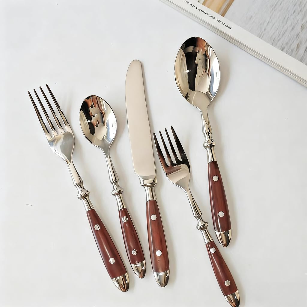 QUEARI 20-Piece Silverware Set Service for 4 with Two Rivets, Vintage Flatware Set, Stainless Steel Cutlery Set with Coffee-colored Bakelite Handle, Dishwasher Safe, Light Brown Color