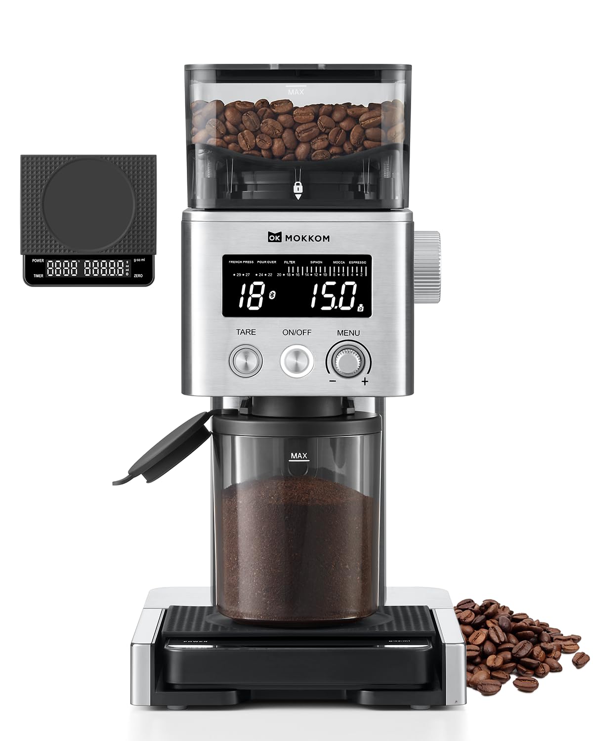 MOKKOM Electric Conical Burr Coffee Grinder with Removable Coffee Scale