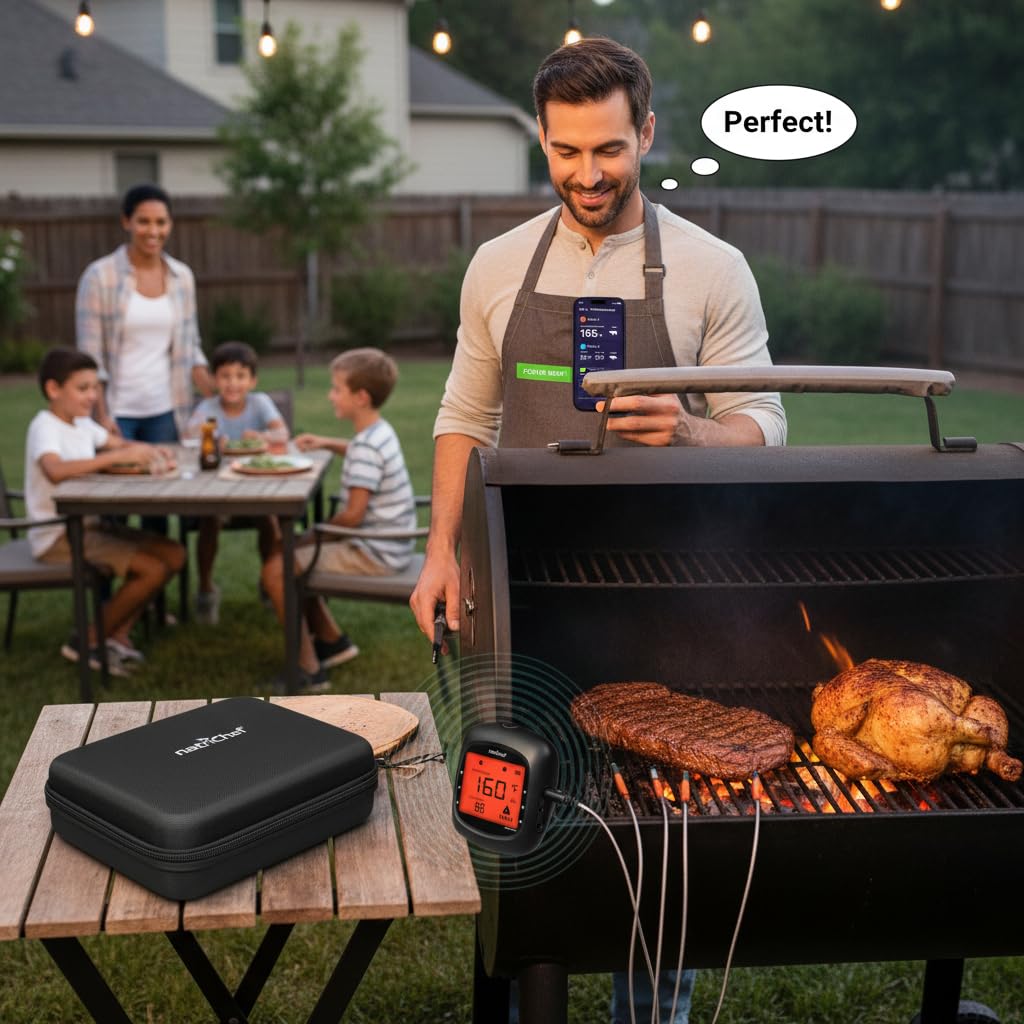NutriChef Smart Bluetooth BBQ Thermometer with Travel Zip Case, Upgraded Stainless w/ 2 Temperature Probes, LCD Display, Done Alarm Android iPhone, Gas Charcoal BBQ Smoker Temp Monitoring