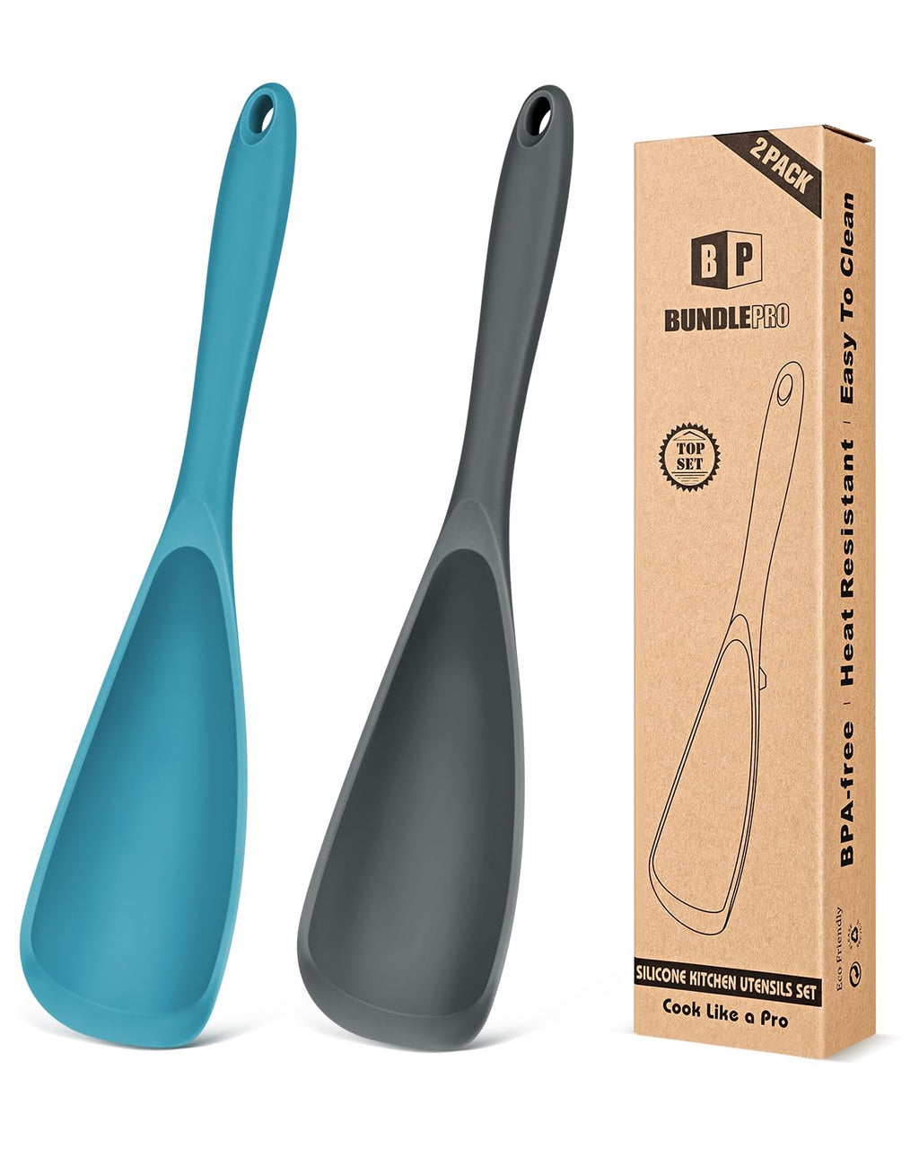 BUNDLEPRO Silicone Cooking Spoons for Nonstick Cookware, One-Piece, 2 Pack