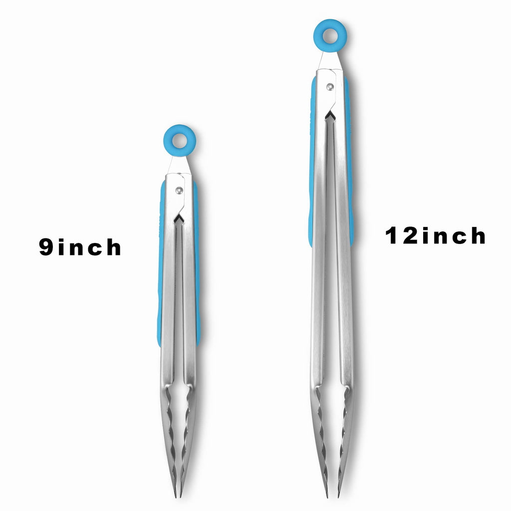 Premium 304 Stainless Steel Tongs Set – 12" Grill Tongs & 9" Cooking Tongs, Heat Resistant up to 600°F, Wavy Grip Head, Non‑Slip Handle with Locking Clip & Hanging Loop, Dishwasher Safe, Blue