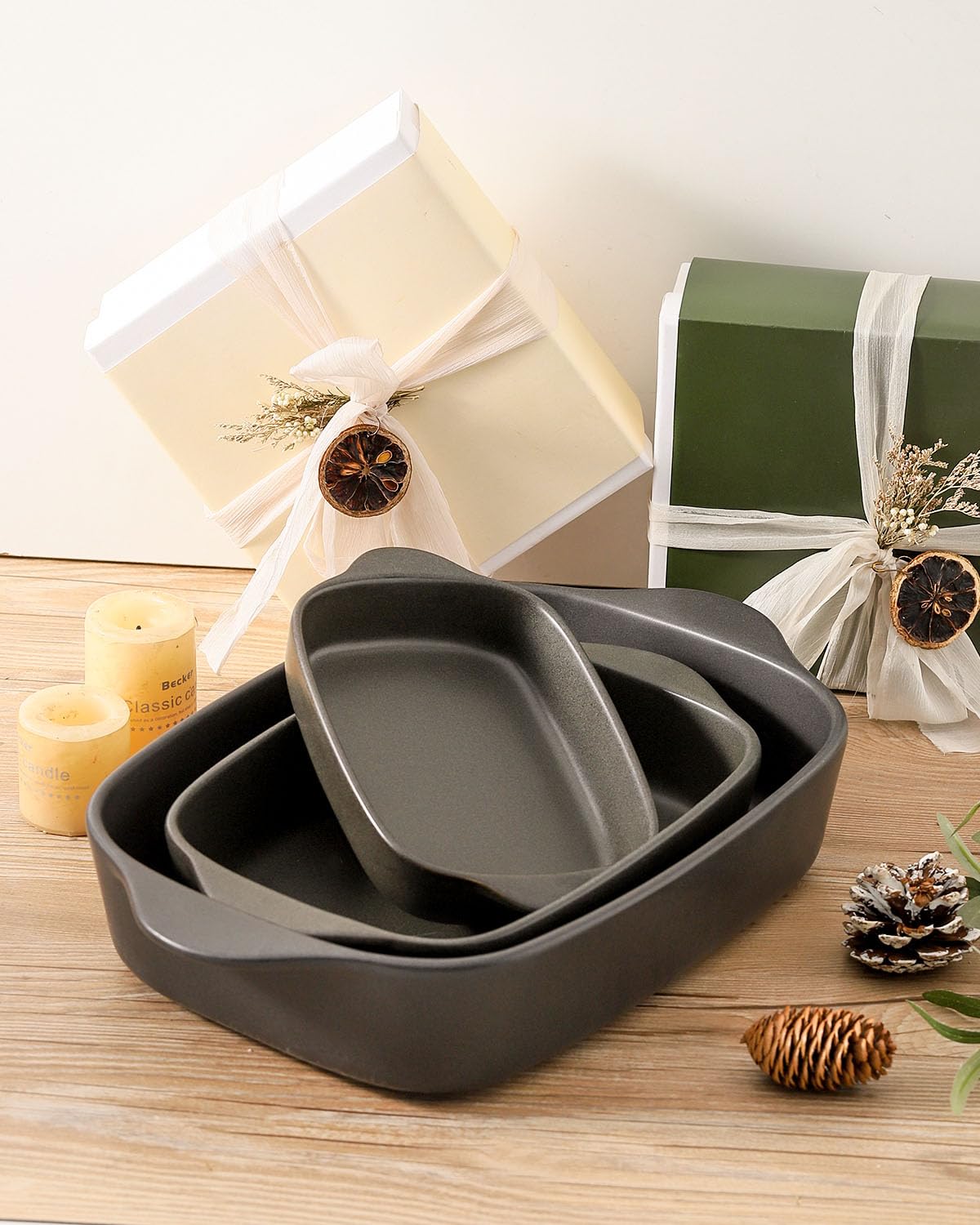 Tikooere Casserole Dish for Oven,Ceramic Baking Dishes， Stoneware Bakeware Set of 3，Deep Casserole Dishes for Baking，Casserole,Cake Dinner and Daily Use,0.63/1.8/4 QT，Matte Black