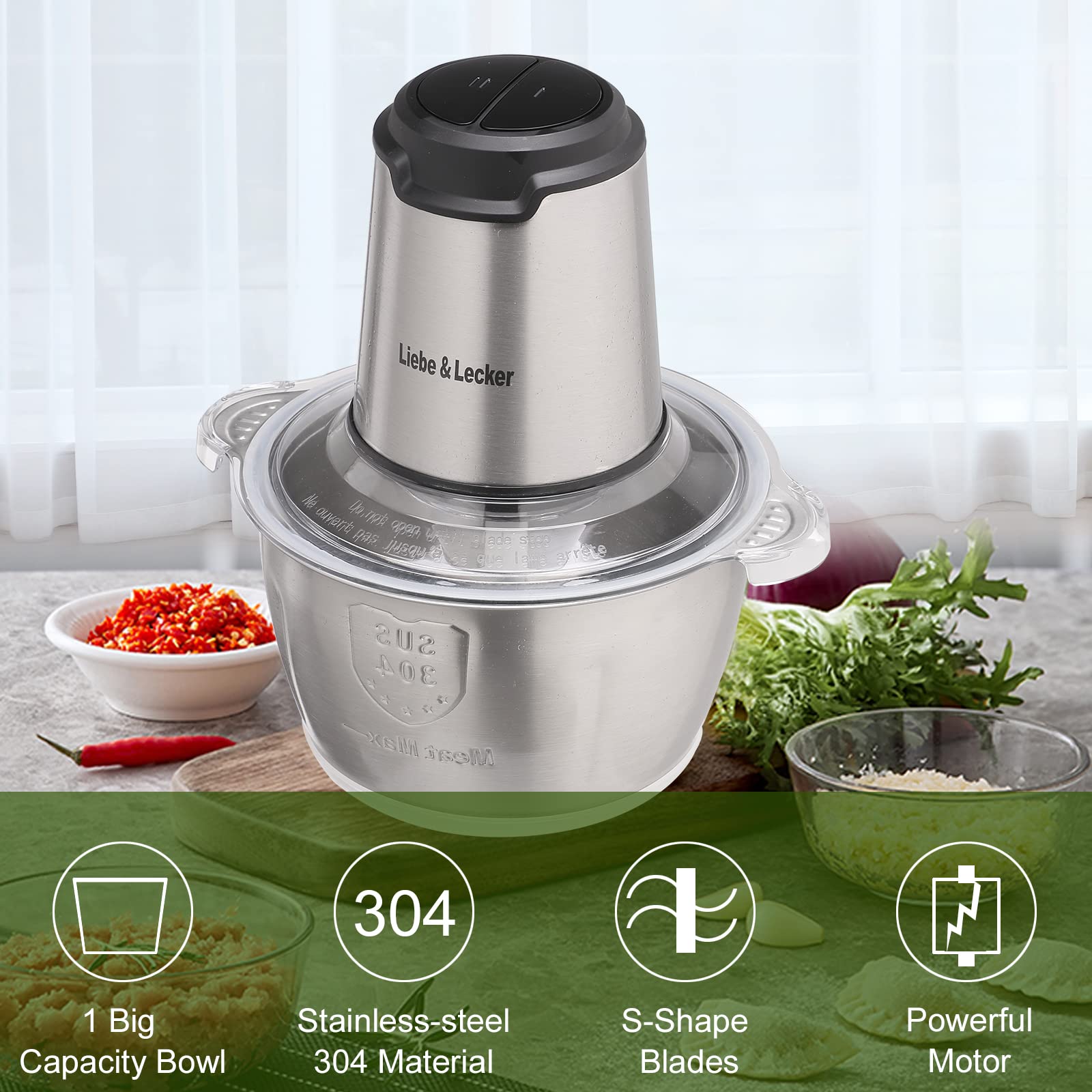 Liebe&Lecker Electric Food Chopper, 350W Food Processor with 8-Cup Bowl