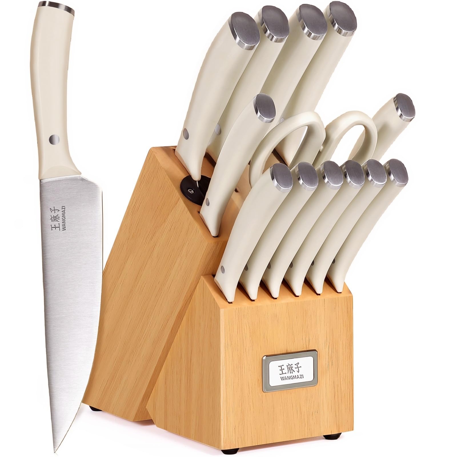 WANGMAZI 15-Pcs Knife Block Set, High Carbon Steel