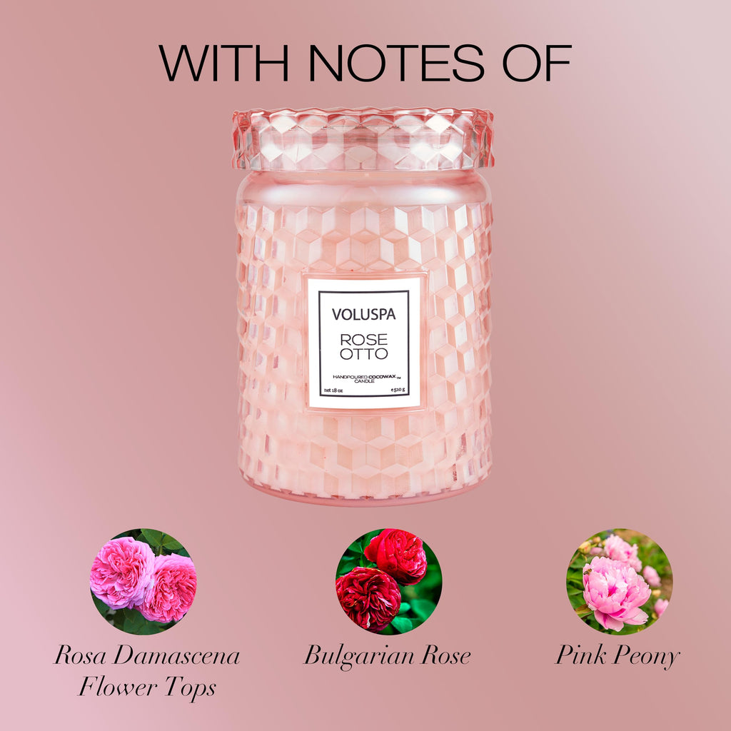 Voluspa Rose Otto, Large Candle Jar, 18 Ounce, 100 Hour Burn Time, Coconut Wax for Clean Burning, Handcrafted in the USA