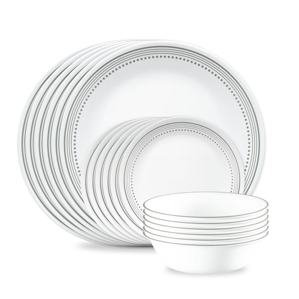 Corelle Vitrelle 18-Piece Service for 6 Dinnerware Set Triple Layer Glass and Chip Resistant, Lightweight Round Plates and Bowls Set, City Block