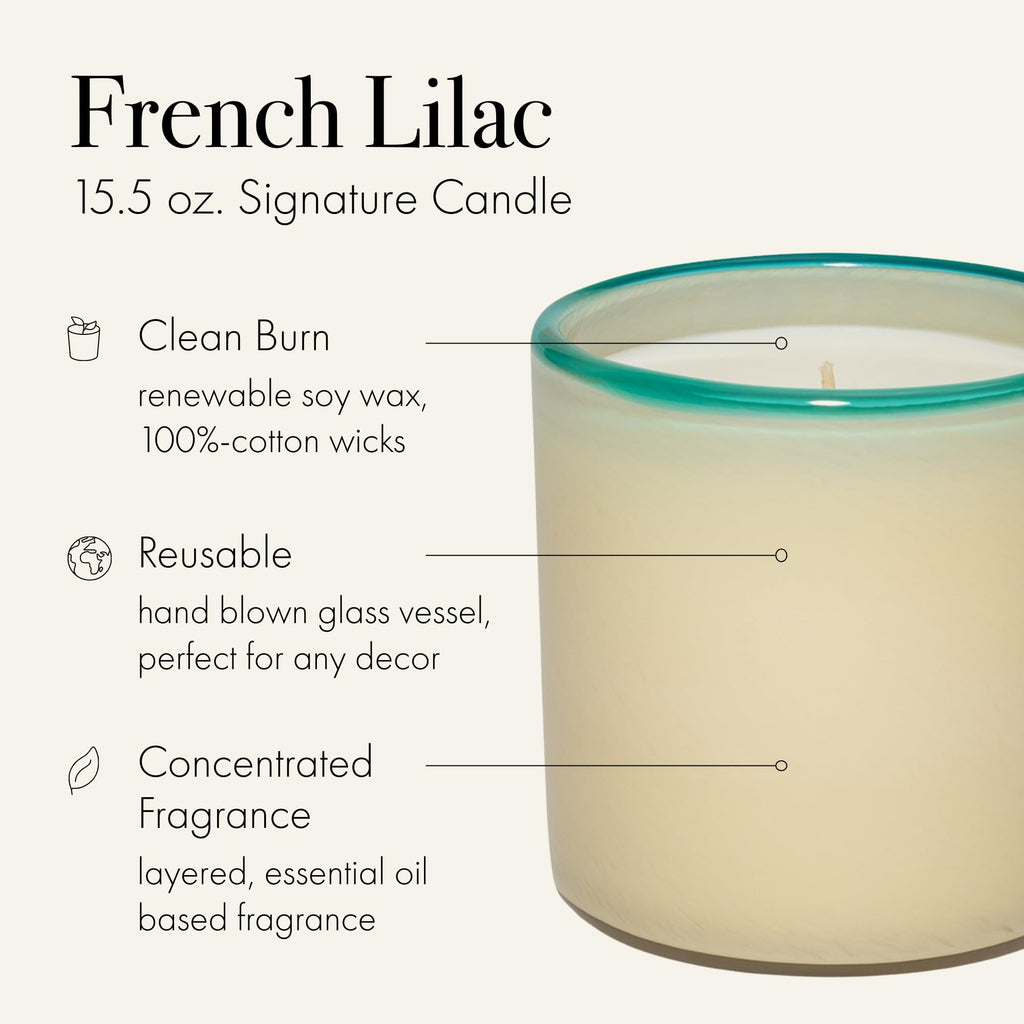 LAFCO New York Signature Candle, French Lilac - 15.5 oz - 90-Hour Burn Time - Reusable, Hand Blown Glass Vessel - Made in the USA