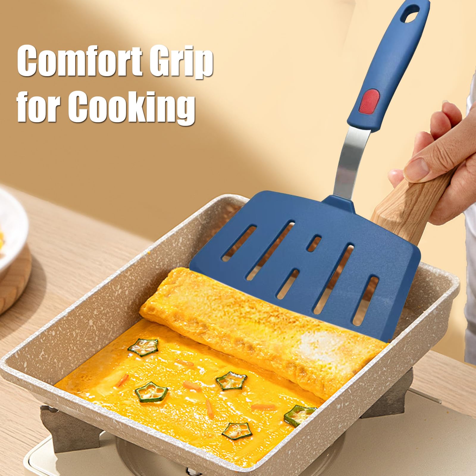 Contiup Silicone Spatula Turner, High Heat Resistant Rubber Baking Spatula, Non-Stick Slotted Wide Fish Slice Spatulas for Cooking, Large Kitchen Utensil for Pancake Omelette Egg - Hazy Blue
