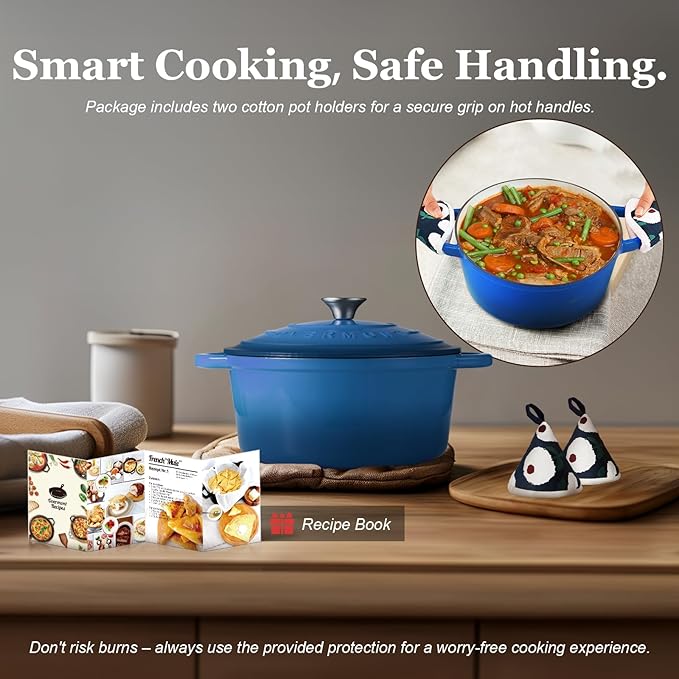 Overmont Enameled Cast Iron Dutch Oven - 7QT Pot with Lid Cookbook & Cotton Potholders - Heavy-Duty Cookware for Braising, Stews, Roasting, Bread Baking blue