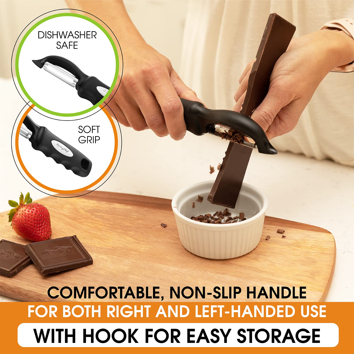 Spring Chef Swivel Vegetable Peeler for Kitchen w/Soft Grip Handle, Black