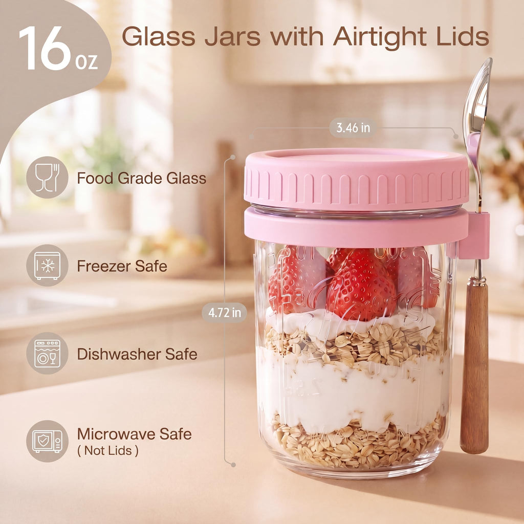 16oz Glass Overnight Oats Containers with Lids and Spoons, 4 Pack Pink