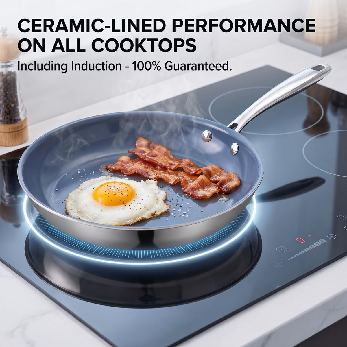 Ephaclad 8 Inch Ceramic Frying Pan Skillet, Stainless Steel Nonstick Egg Pan, PTFE PFAS PFOA Free, Induction Compatible, Oven Safe, Hand Wash Recommended for Longer Coating Life