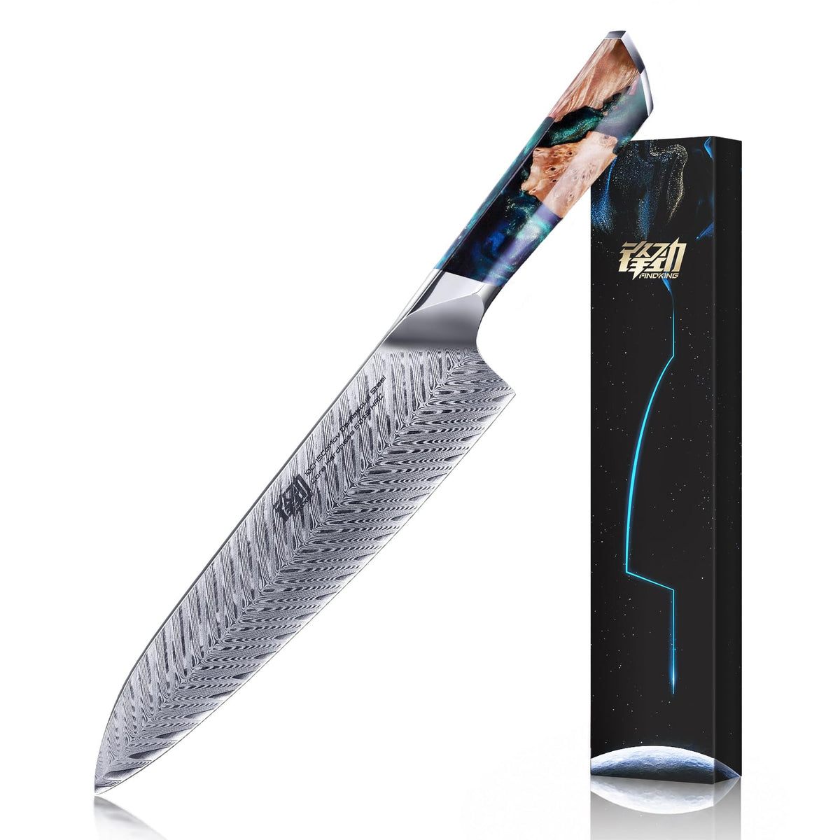 FINDKING Nebula Series Kitchen Utility Knife with ABS Sheath, Versatile Small Petty Knife, 10Cr15CoMov Damascus Blade, Resin and Figured Sycamore Handle, Full Tang, 5 Inch, Blue, for Fruit, Steak